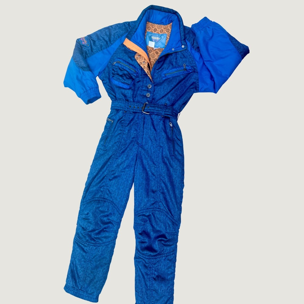 Vintage Kaelin Ski Suit Blue Paisley Jacquard One Piece Snow Suit Belted Retro 8